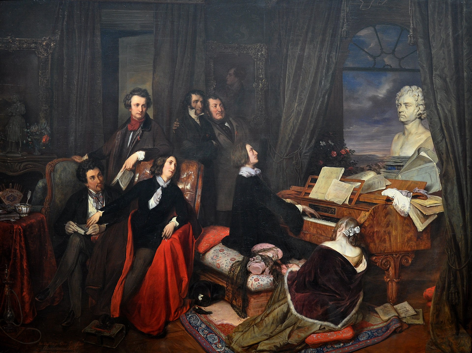 Franz Liszt performing at a 19th-century salon with other famous people of the day in the audience like Victor Hugo, Alexandre Dumas, and Hector Berlioz.