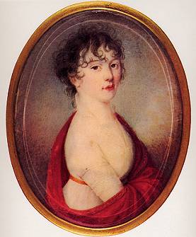 Countess Giuletta Guicciardi: oval painting of woman in red dress with dark curly hair and hand on bosom.