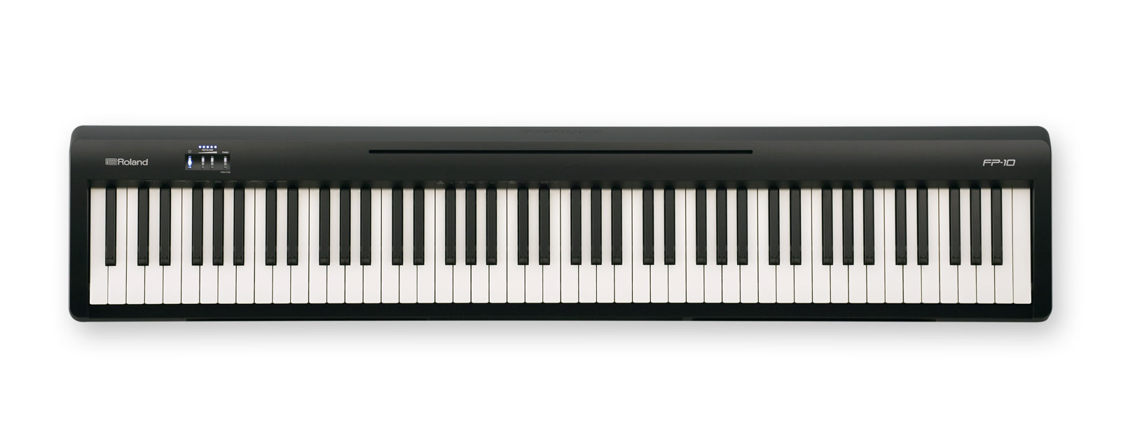 Black piano keyboard with music stand.