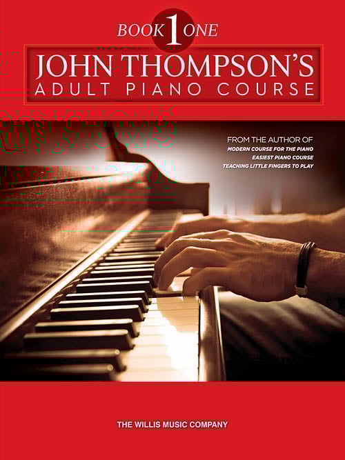 Red book cover with text "Book 1: John Thompson's Adult Piano Course" with hands on piano keyboard.
