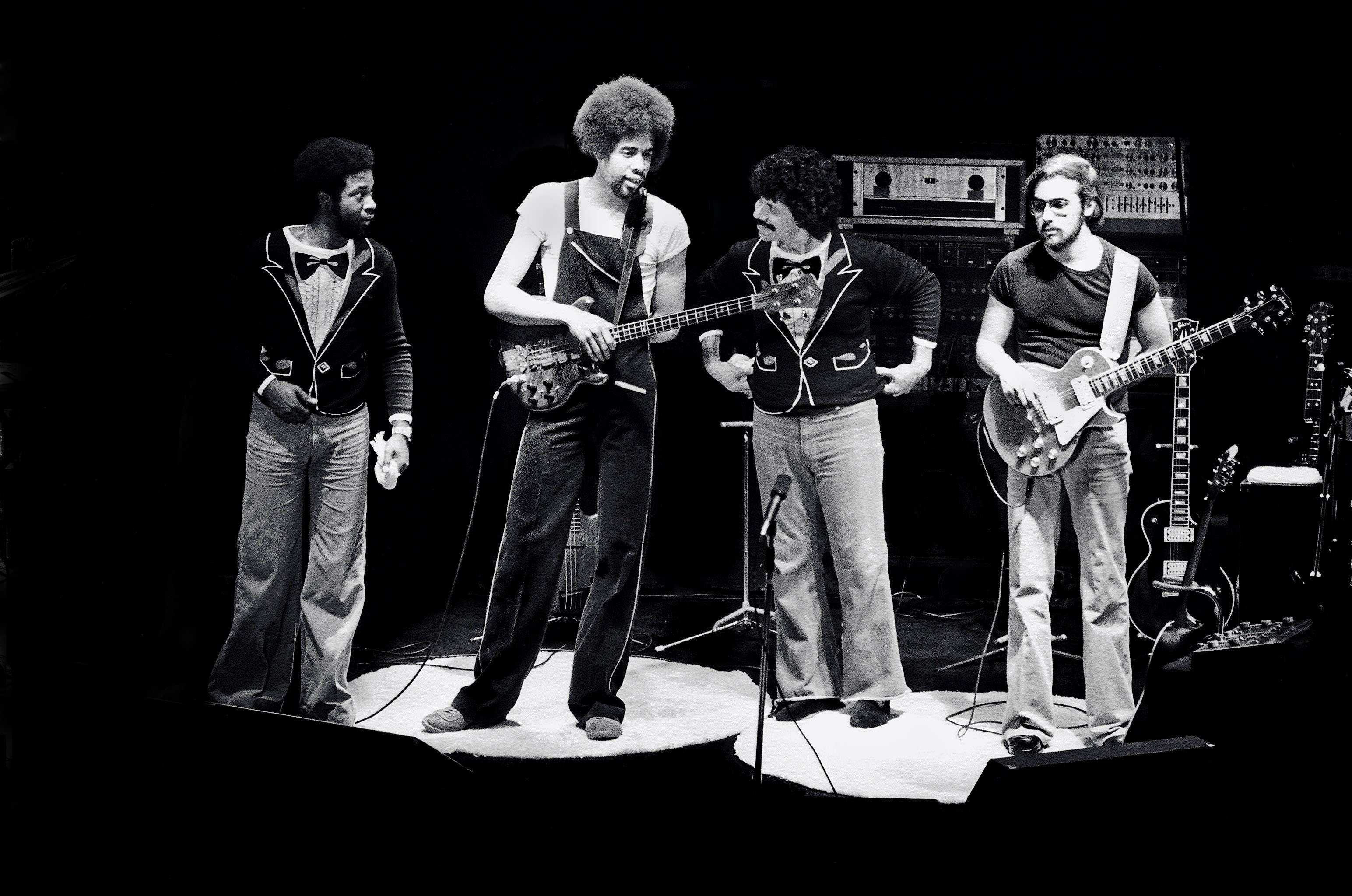 Black and white photo of the Return to Forever band on stage.