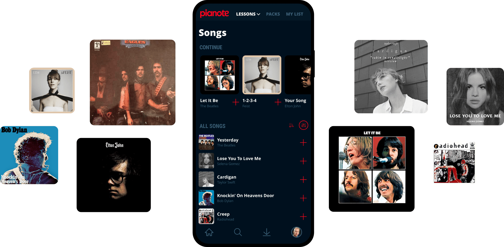 Pianote mobile app showing songs with floating album covers around it.