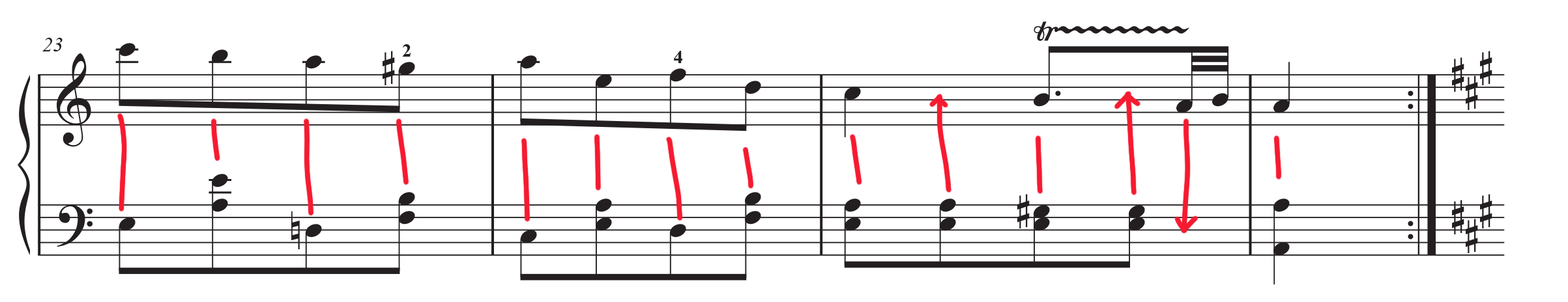 Turkish march sheet music m. 23-26 with lines showing how notes in right and left hands line up.