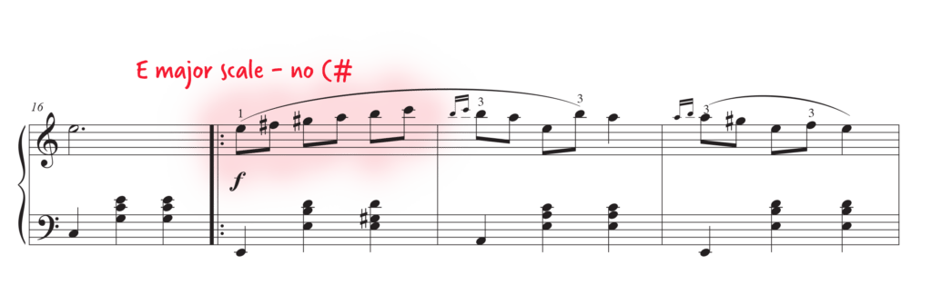 Measures 16-19 with E major scale shape highlighted and labelled as "E major scale - no C#"